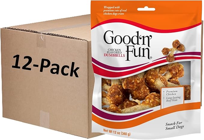 Good 'n' Fun Chicken Flavored Dumbbells 12 Ounces, Rawhide Snacks for Small Dogs (1 CASE of 12 Individual 12 OZ Packs)