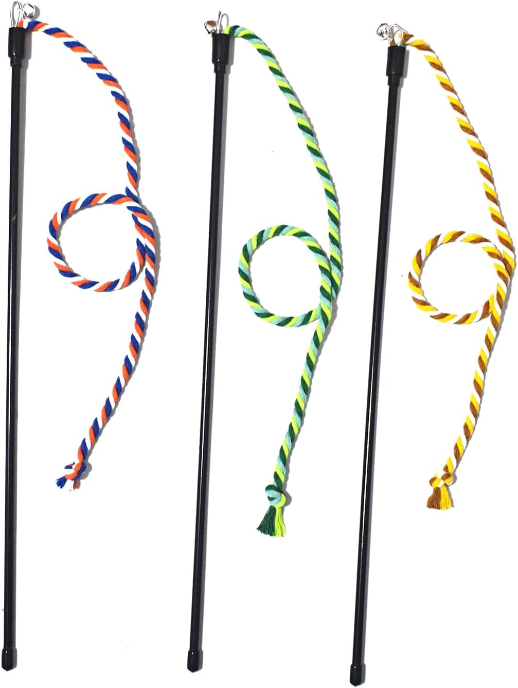 IUHKBH Cat Wands, 3 PCS Colorful Cat String Kitty Teaser Wands with Bell Interactive Kitten Toys for All Breed Sizes