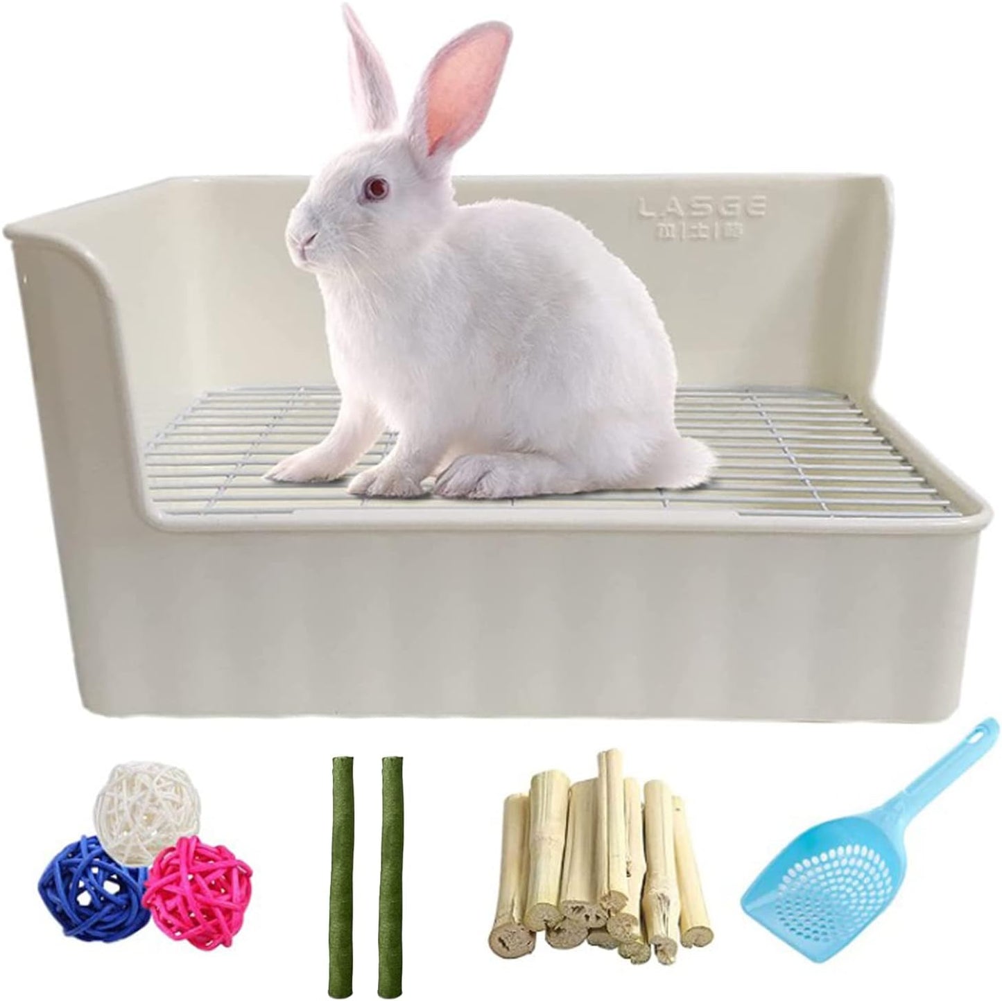 Tfwadmx Rabbit Litter Box Toilet Bunny Corner Litter Pan Pet Toilet Potty Trainer with Scoop Rabbit Chew Toys for Guinea Pigs Galesaur Chinchilla Ferret Small Animal (White)