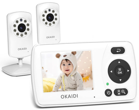 OKAIDI Video Baby Monitor with 2 Cameras, 2.4'' Portable Travel Screen, 1000ft Long Range Transmission, Baby Monitor No WiFi, Infrared Night Vision, VOX Mode