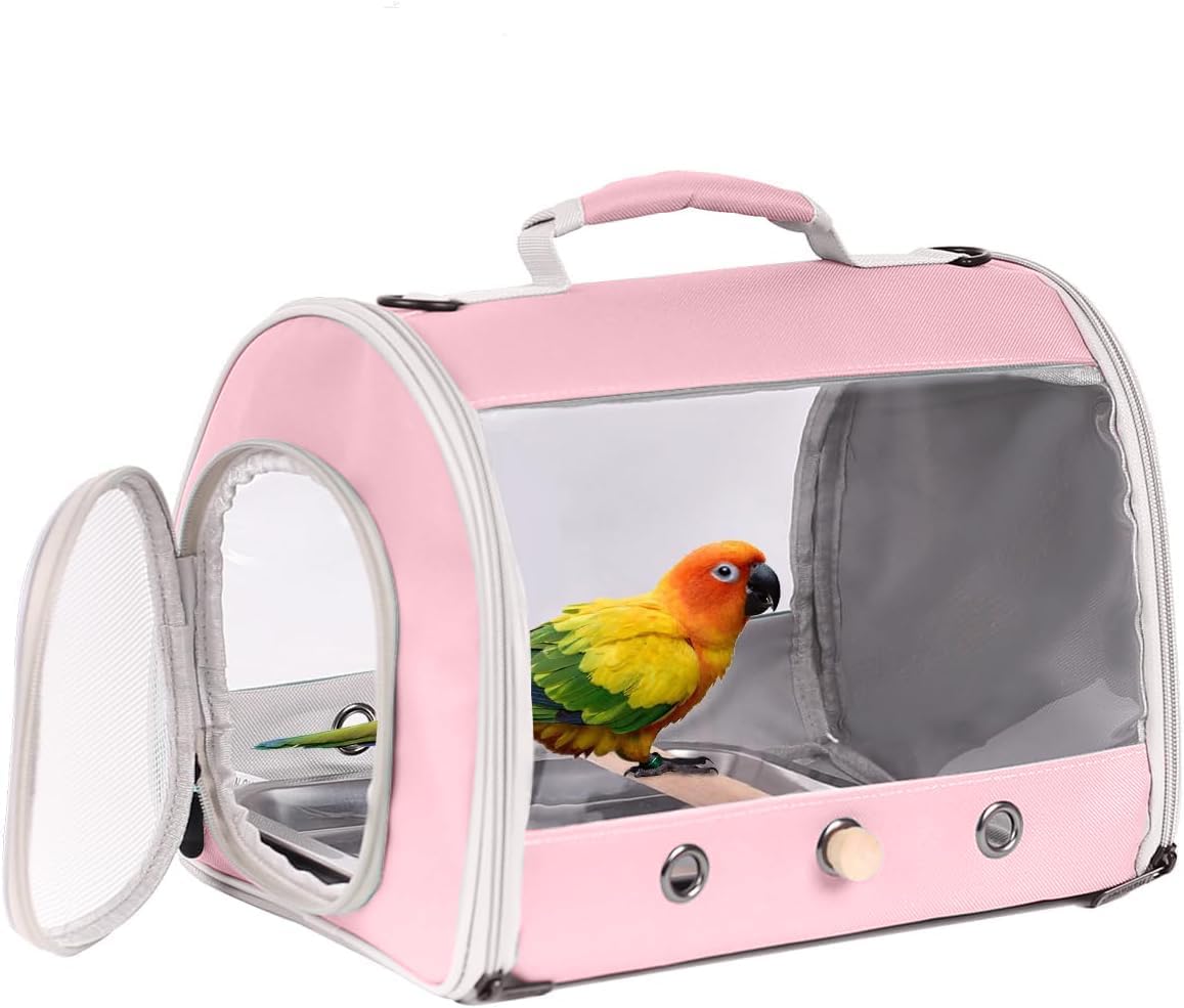 Long Tail Bird Travel Carrier Cage with Tray and Stand Perch, Portable Lightweight Clear Windows Carry Bag for Parakeet Budgies Cockatiel Transport to Vet (Pink, Cylinder Design - Clear)