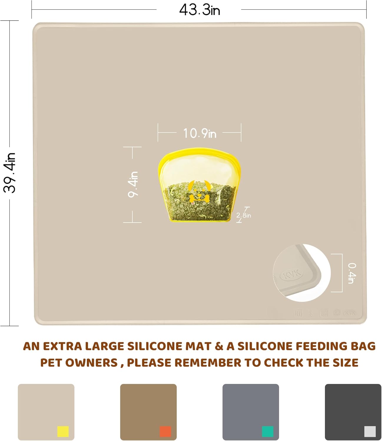 Extra Extra Large Silicone Dog Food Mat 39.4×43.3in and 128oz Silicone Bag Set, Super Size Waterproof Pet Feeding Mat & Container, Non-Slip, Chew-Resistant Floor Protection (Beige&Yellow)