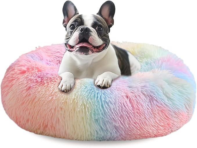 JOLLYVOGUE Medium Calming Dog Bed, Anti-Anxiety Donut Cuddler Cat Bed with Anti-Slip Bottom, Fluffy Faux Fur Machine Washable Pet Cushion for Medium Large Dog & Cat, 31"/Rainbow