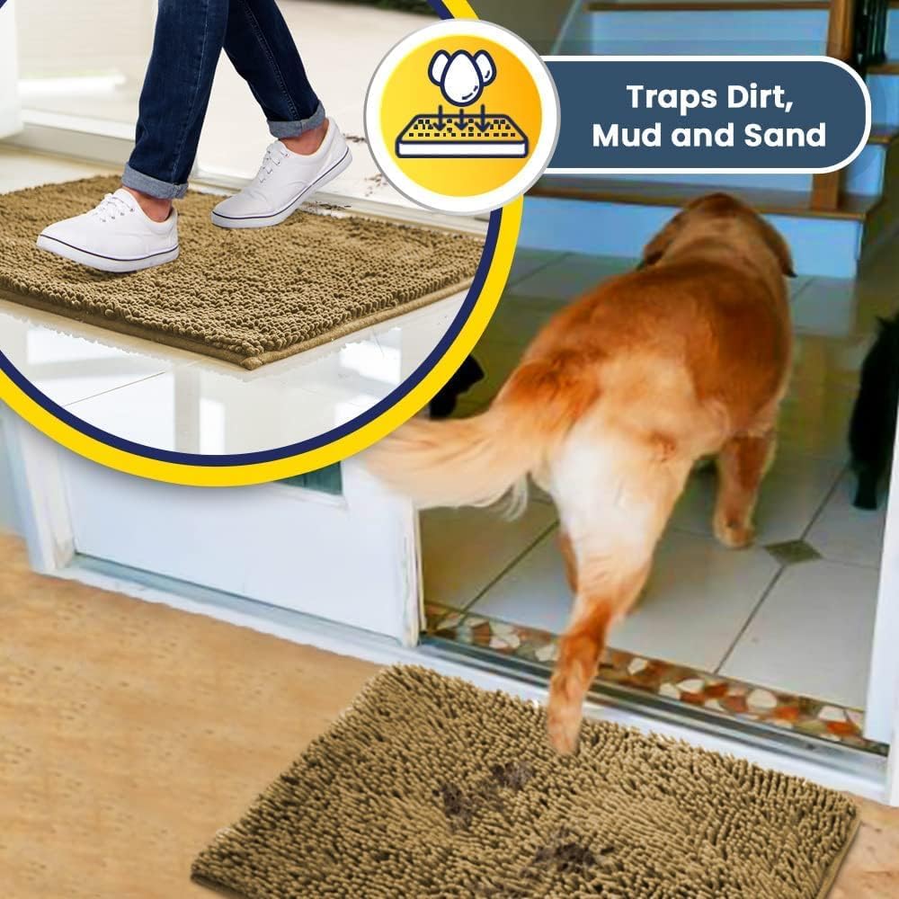 Muddy Mat® Pack of 3 Highly Absorbent Microfiber Dog Door Mat and Pet Rug, Non Slip Thick Washable Area Mat Soft Chenille for Kitchen Bathroom Bedroom and Outdoor - Beige Small, Medium & Large