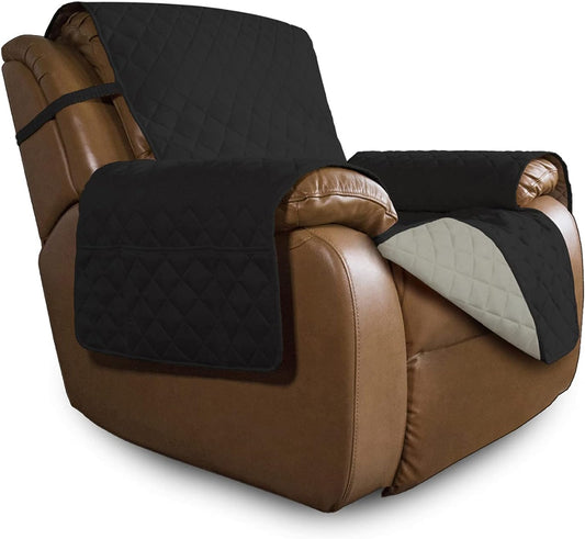Easy-Going Oversized Recliner Cover Reversible Couch Cover Sofa Cover for Living Room Water Resistant Furniture Protector with Elastic Straps for Pets Dog (Oversized Recliner, Black/Beige)