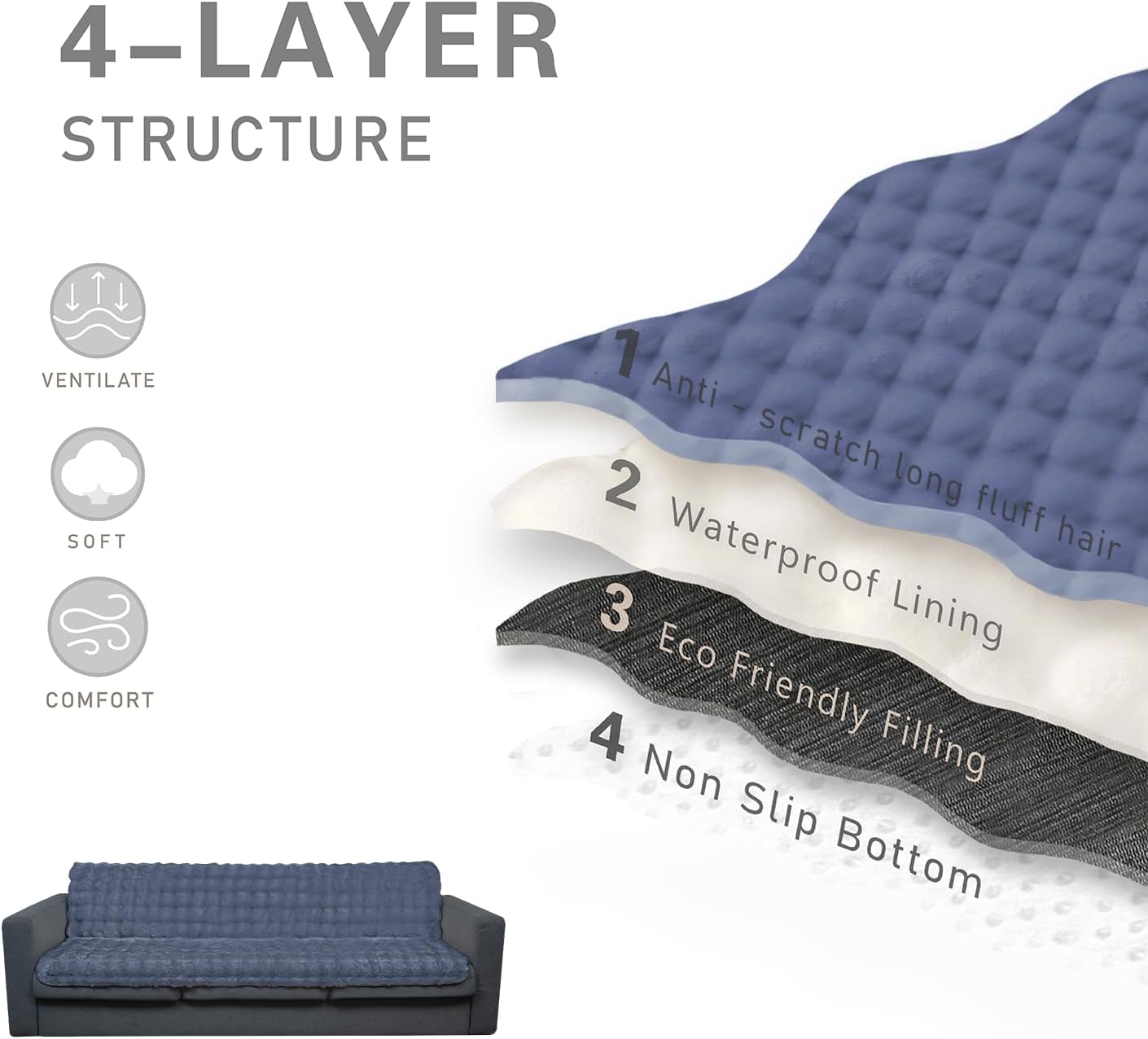 Dogs/Cats Bed Mats, Dog Pad Washable Removable Couch Cover with Anti-Slip Back, Plush Long Fur Mat, Perfect for Small, Medium and Large Dogs.(Noble Gray-Bubble, 52"x82")