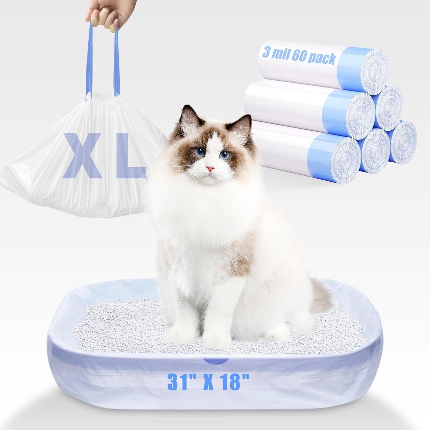 60 Pack Large Cat Litter Bags - 3MIL Extra Thick Leakproof Litter Box Liners, 31"x18" Heavy Duty Drawstring Cat Litter Liners for Automatic Litter Box, Odor Control Disposable Kitty Litter Bags 6 Roll