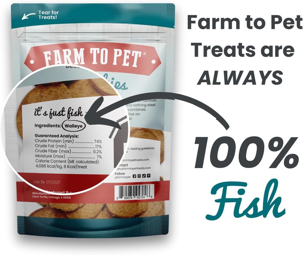 Farm To Pet - Dog Training Treats - 4 oz Fish Chips, Single Ingredient, Lean, All Natural, Healthy Treats for Small, Medium, Large Dog Breeds, & Puppies, Made in USA