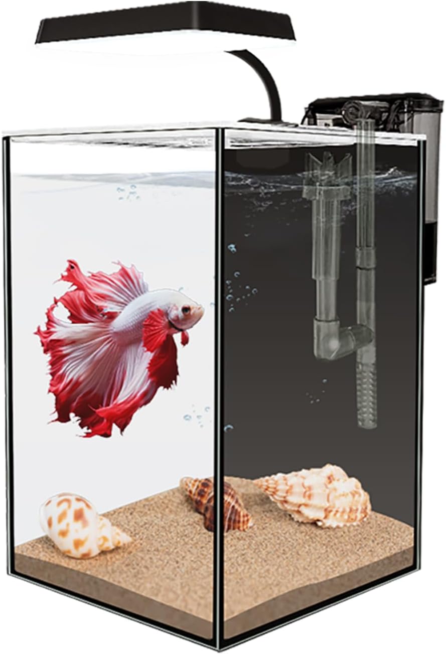 Glass Betta Aquarium Starter Kits 1.5 Gallon Small Fish Tank, Betta Fish Tank with LED Light, Power Filter, Black. 4mm Glass