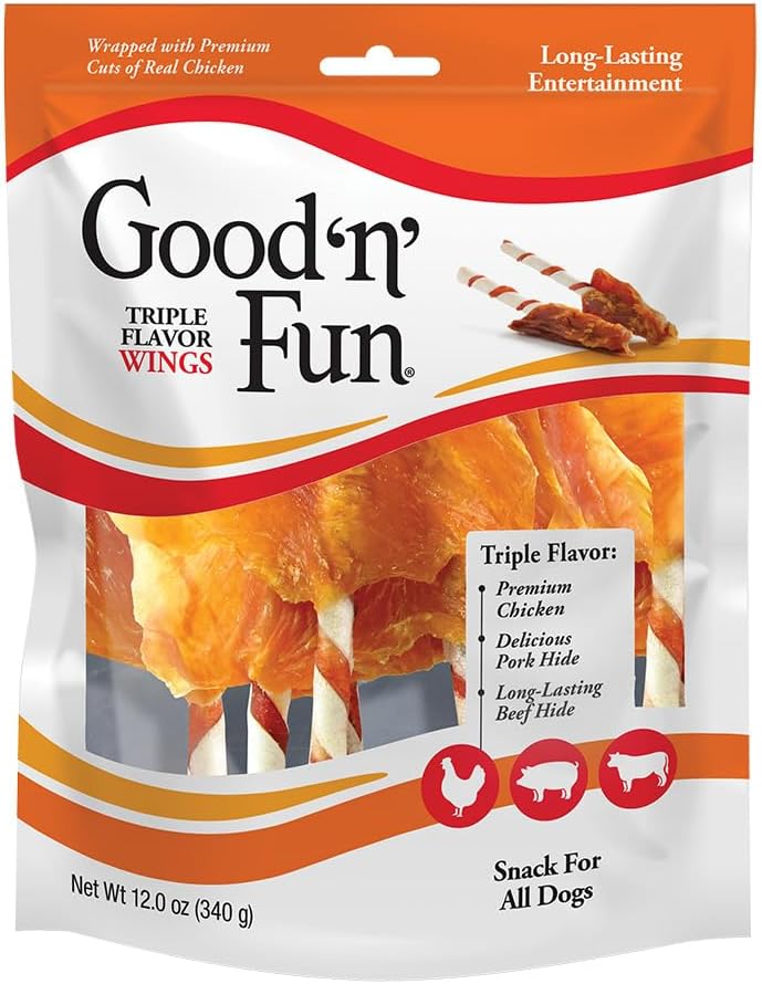 Good ‘n’ Fun Triple Flavor Wings Chews for All Dogs, 12 Ounces, Treat Your Dog to Long-Lasting Chews Made with Chicken, Pork Hide and Beef Hide, Pack of 2