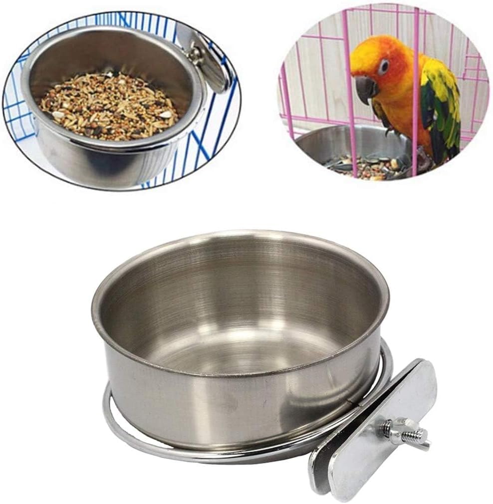 PINVNBY 2PCS Parrot Feeding Cups Birds Food Dish Stainless Steel Parrot Feeders Water Cage Bowls with Clamp Holder for Cockatiel Conure Parakeet Parrot Macaw Small Animal (Size: M)