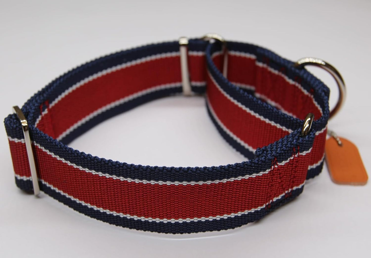 Martingale Collar 1.5 Inch Wide 1600D Extra Strong Anti Escape Nylon Dog Collar, No Pull Heavy Duty Pet Collars with 3-Color Stripe for Medium Dogs (M, Red & Navy Blue)