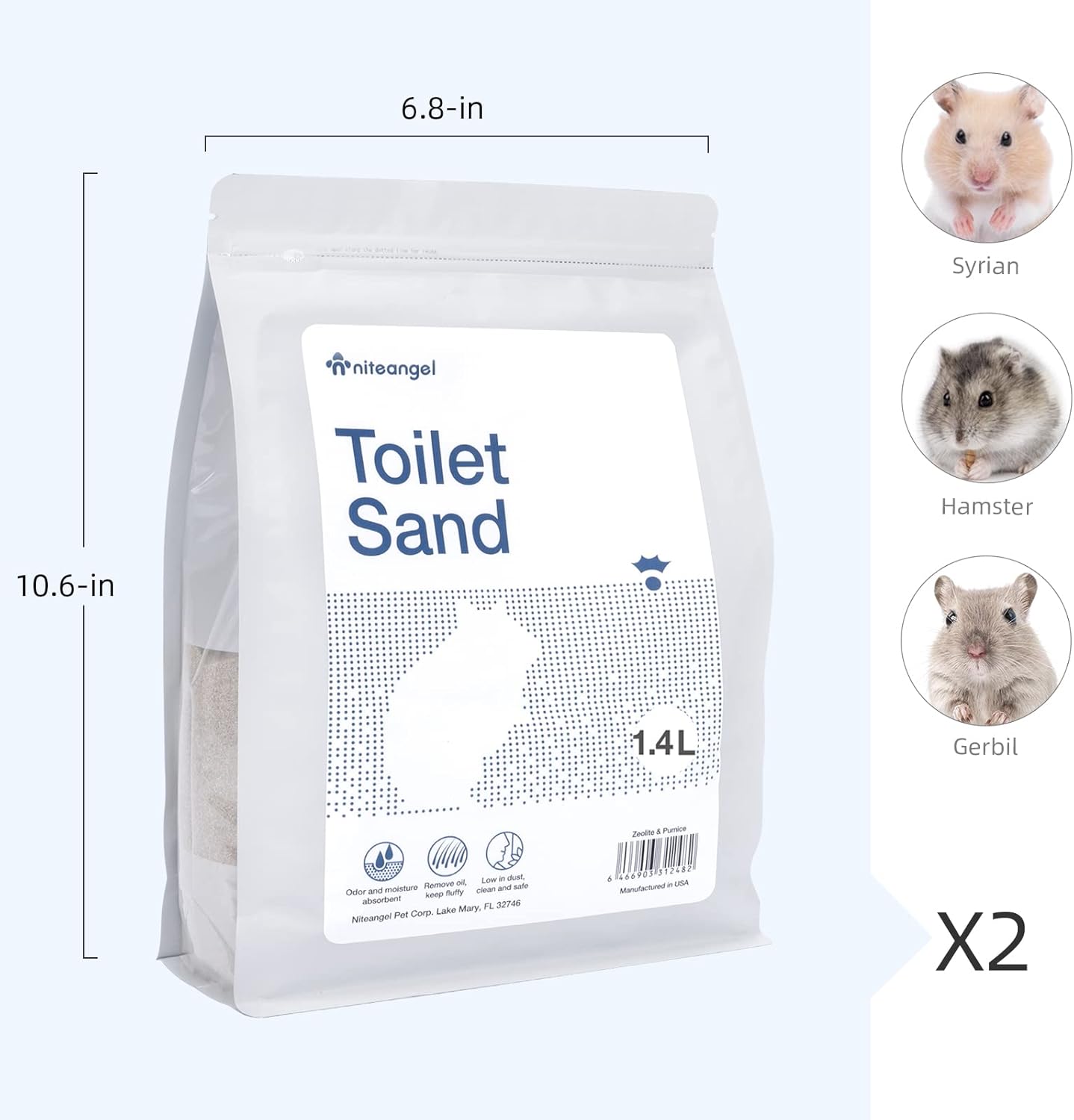Niteangel Training Litter Potty Sand - Hamster Sand Bath for Syrian Dwarf Hamsters Gerbils Mice Lemming Degus or Other Small-Sized Pets ((1.4 L X 2 - Blue Label)