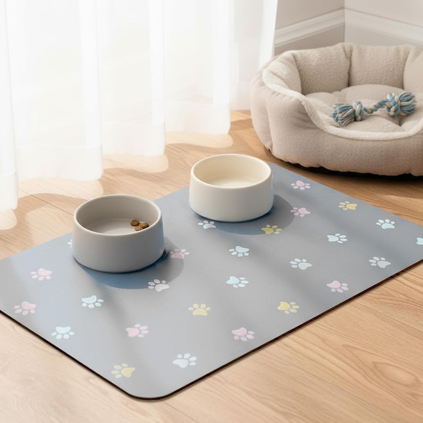 Pet Feeding Mat Absorbent Dog Mat for Food and Water Non Slip Quick Dry Dog Bowl Mats for Floors 27" X 17" Paw Light Gray