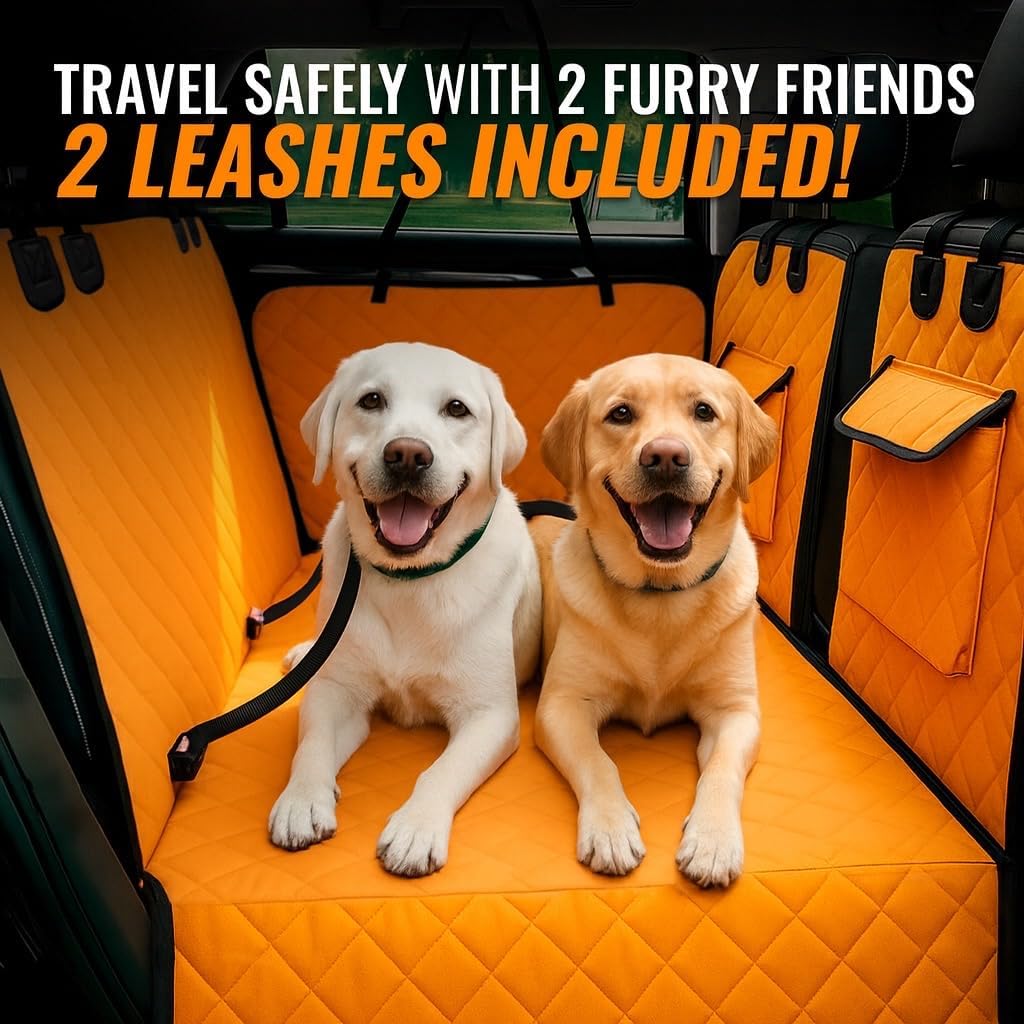 Back Seat Extender for Dogs with Waterproof Cover Hard Bottom Includes Pet Hair Remover and 2 Safety Straps Ideal for Large Cars and SUVs Perfect for Travel Road Trips Car Pet Bed Dog Seat Protector