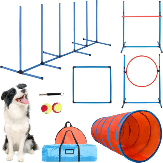 Dog Agility Course Backyard Set Dog Agility Equipment Obstacle Course Backyard Includes Adjustable High Hurdle,6 Weave Poles,Extended Tunnel,Jump Ring,Square Pause Box,2 Balls,Whistle,2 Carrying Bags