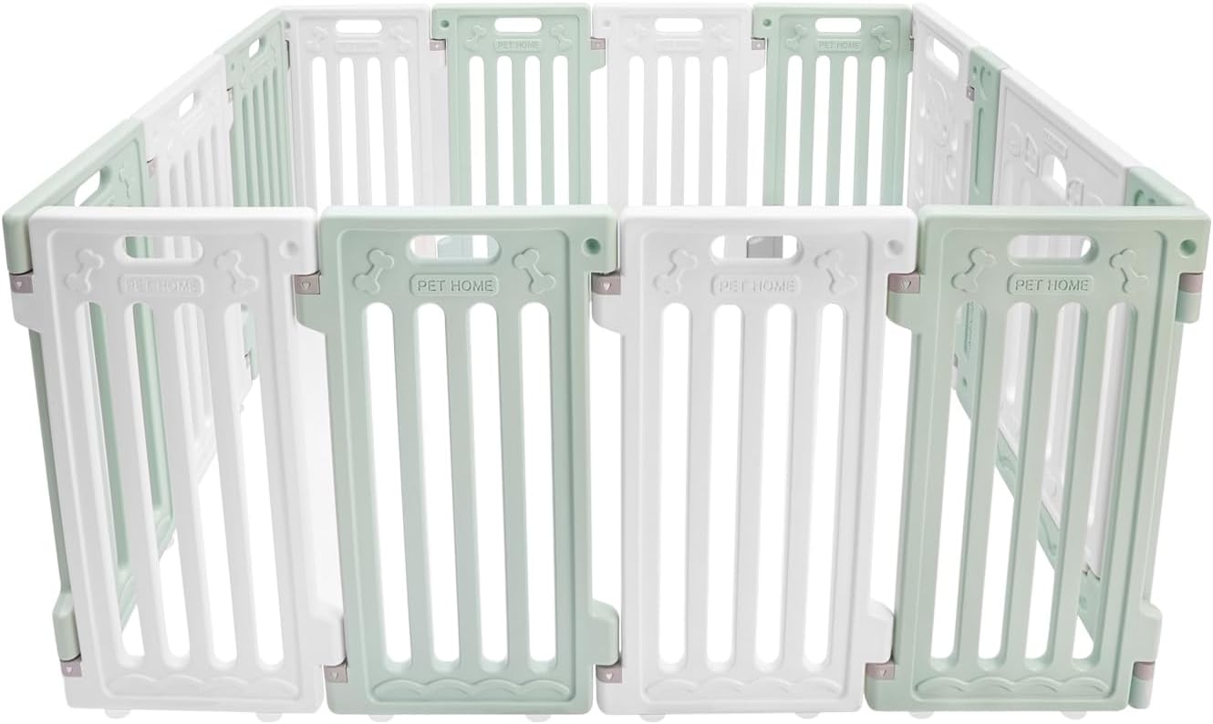 Dog Playpen with Door, 12 Panels Pet Safety Fence Foldable Puppy Pen Indoor Dog Fence, Plastics Enclosure Dog Pen Indoor for Small Dogs and Cats, Easy Assemble (Green)