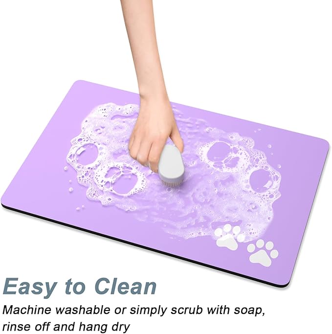 Rnivvi Dog Food Mat, 16" x 24" Footprint Absorbent Dog Cat Bowl Mat for Food and Water, Cute Anti-Slip Rubber Pet Feeding Rug Protect Floors, Puppy Placemat for Feeding & Watering Supplies, Purple