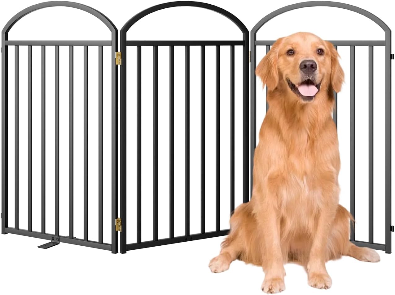3 Panles Full Matel Freestanding Dog Gates with Door, 72"Extra Wide 32"Tall Free Standing Dog Pet Gate for Indoor & Outdoor. Foldable Pet Fences for Doorways, House, Stairs, Porch, Deck, Yard