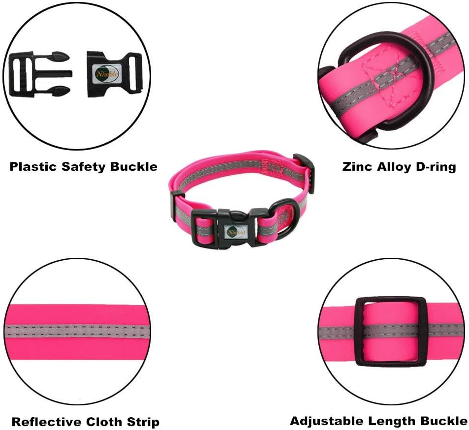 NIMBLE Dog Collar Waterproof Pet Collars Anti-Odor Durable Adjustable PVC & Polyester Soft with Reflective Cloth Stripe Basic Dog Collars S/M/L Sizes (Small (9.45”-14.17”inches), Pink)