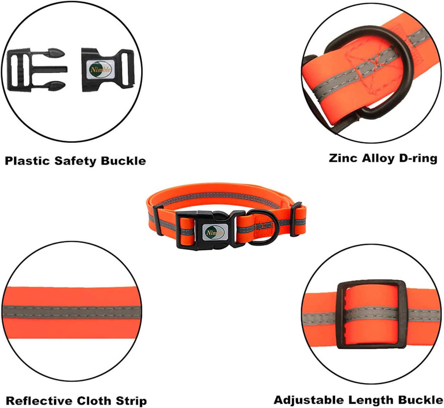 NIMBLE Dog Collar Waterproof Pet Collars Anti-Odor Durable Adjustable PVC & Polyester Soft with Reflective Cloth Stripe Basic Dog Collars S/M/L Sizes (Large (15.35”-24.8”inches), Orange)