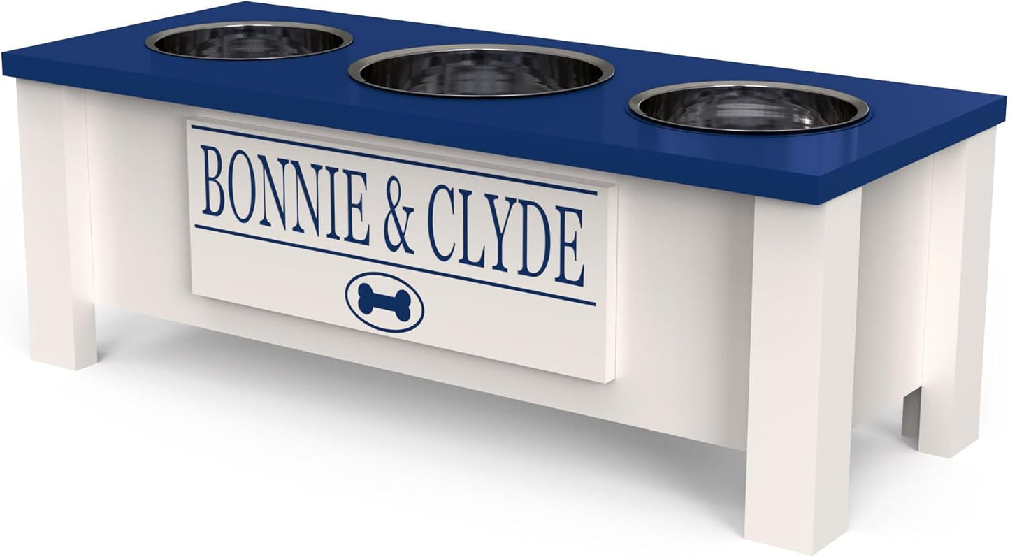 GrooveThis Woodshop - Personalized Elevated Triple Dog Bowl Stand for Large, Medium, Small, X-Small Dogs - 3 Stainless Steel Food and Water Bowls - Raised Dog Dish with Internal Storage (Medium, Blue)