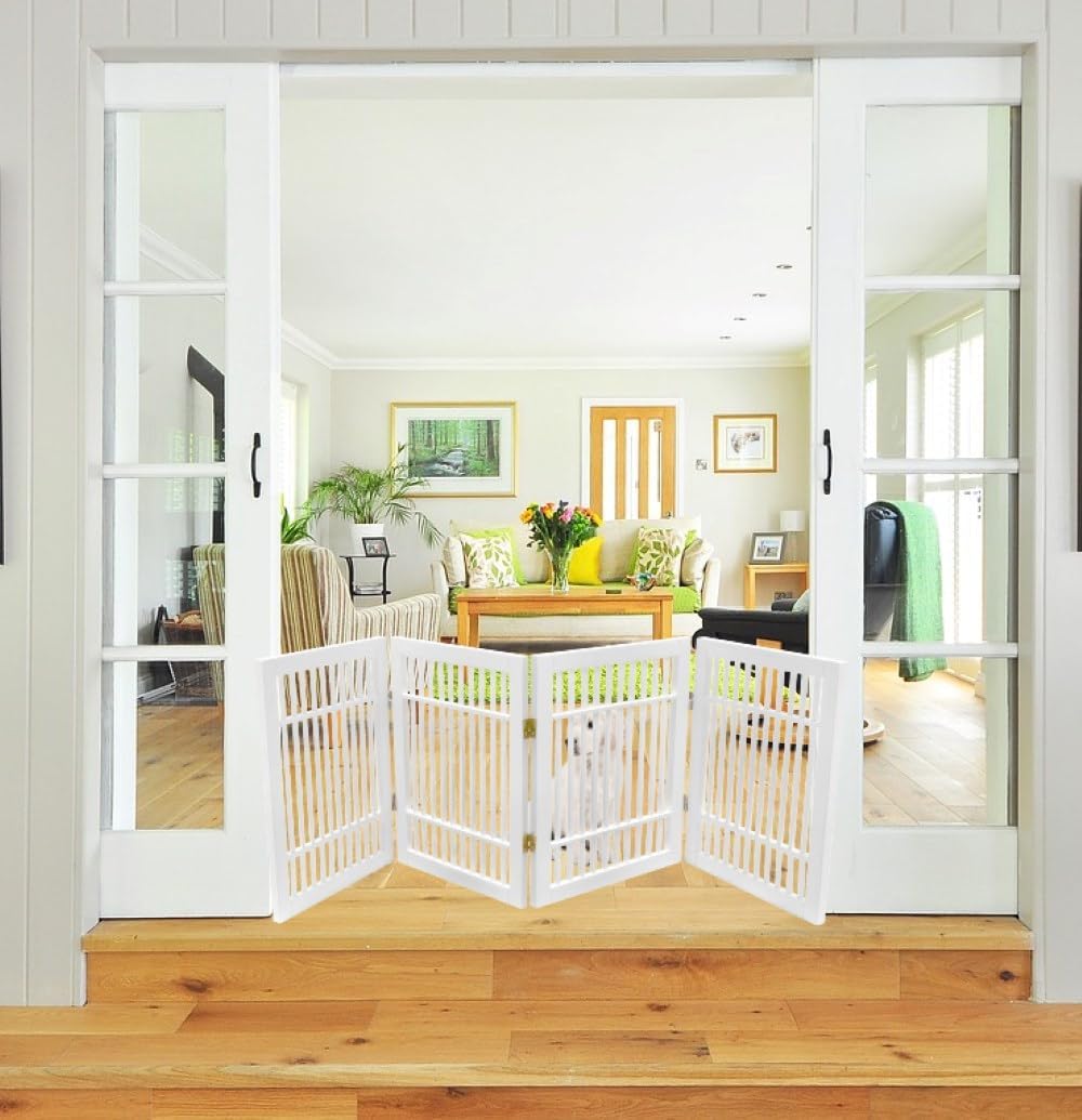 Pet Dog Gate Strong and Durable Freestanding Folding Acacia Hardwood Portable Wooden Fence Indoors or Outdoors by Urnporium (White Pet Gate, 4 Panel 24" Tall)