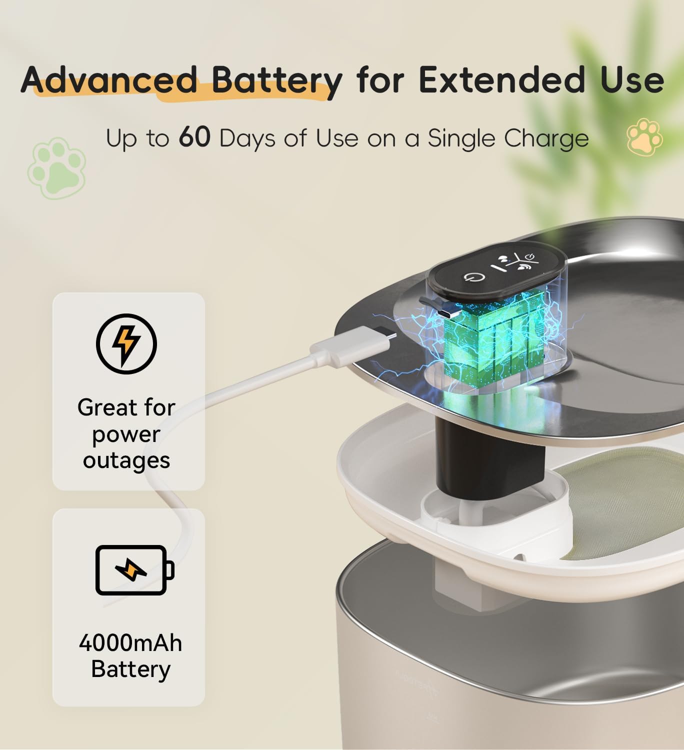 Cat Water Fountain Stainless Steel, 138fl.oz / 4.1L Wireless Cat Fountain, Pet Water Dispenser Cordless for Cats & Dogs Indoor