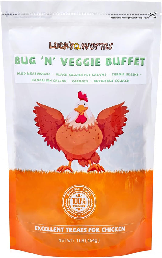 Worm & Garden Blend - Premium Treat for Chickens, Birds, Ducks, Reptiles & Hedgehogs - High Protein Feed with Dried Mealworms, BSFL, Veggies - 1 Lbs Resealable Bag Bug 'n' Veggie Buffet