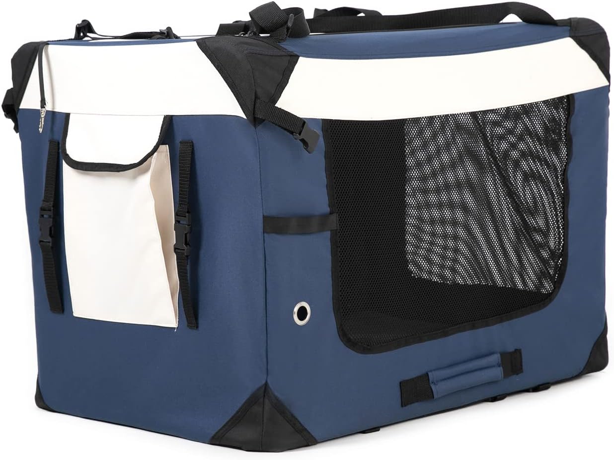 Collapsible Dog Travel Crate,Portable Soft-Sided Pet Carrier Extra Large Cat Carrier with Soft Plush Plush Mat for Indoor and Outdoor,28x20x20in,Navy Blue