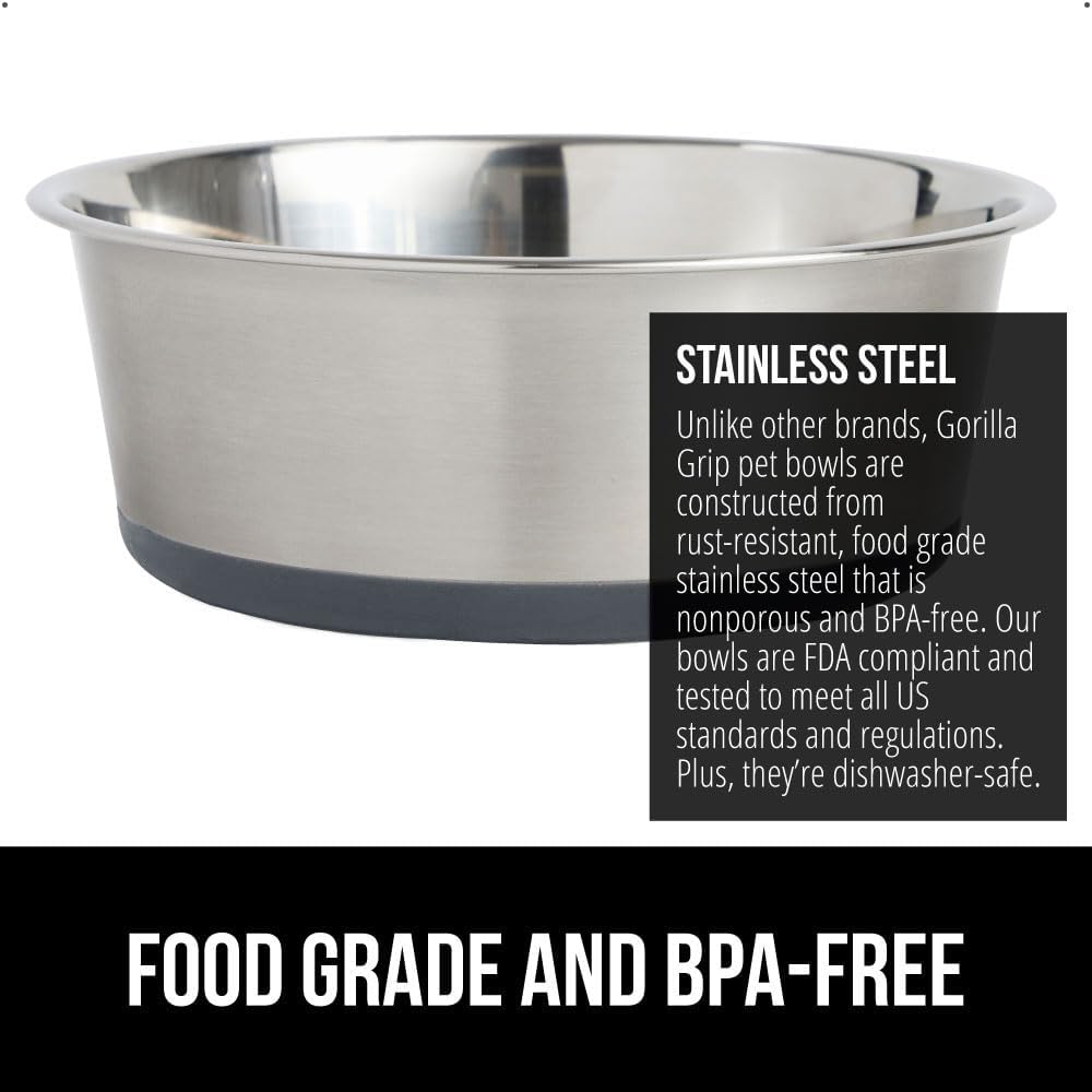 GORILLA GRIP Stainless Steel Metal Dog Bowl, Rubber Base, Heavy Duty Feeding Dish, Food Grade BPA Free, Less Sliding on Floors, Quiet Pet Bowl for Cats and Dogs, Holds 2 Cups (16 fl oz), Gray