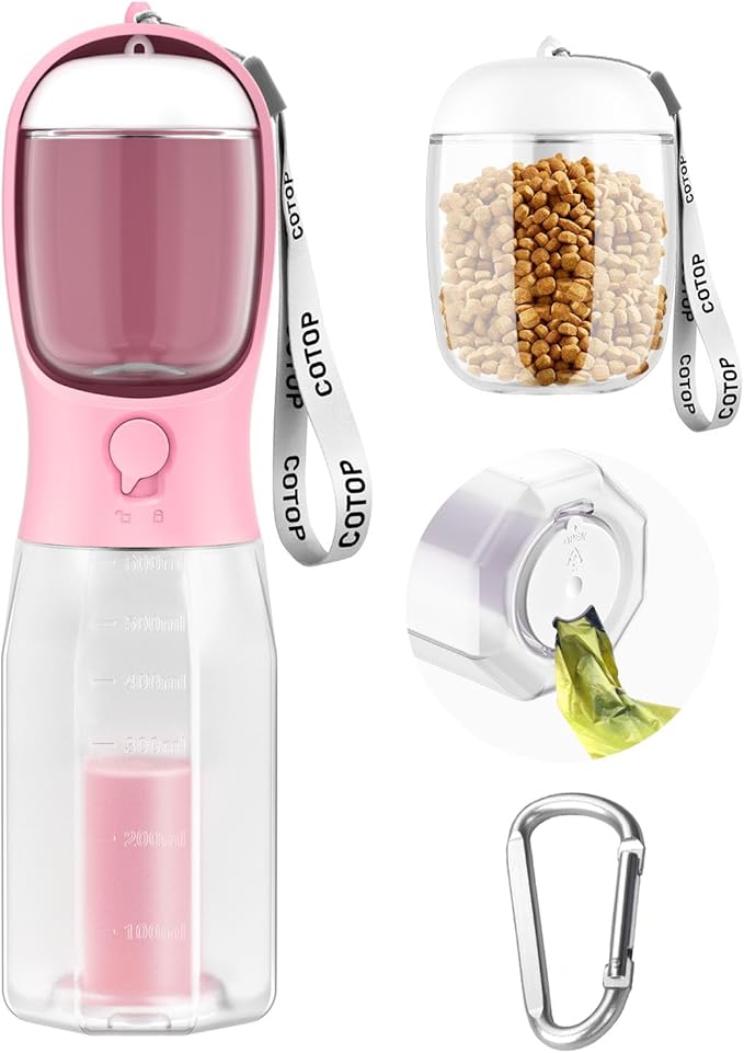 20oz Dog Water Bottle with Food Container & Poop Bag Dispenser | Leak-Proof Portable Pet Water Dispenser with Carabiner Clip | for Walking, Hiking, Travel