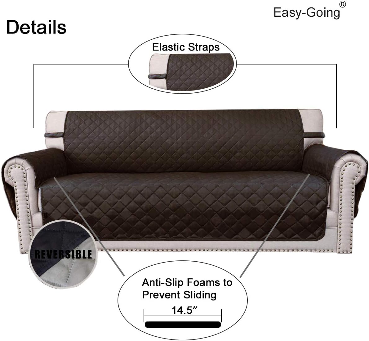 Easy-Going Reversible Couch Cover for 3 Cushion Couch Sofa Cover for Dogs Water Resistant Furniture Protector Cover with Foam Sticks Elastic Straps for Pet Cat (Sofa, Chocolate/Beige)