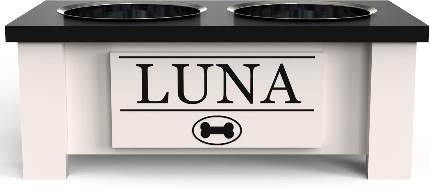 GrooveThis Woodshop - Personalized Elevated Dog Bowl Stand for Large, Medium, Small, X-Small Dogs - Stainless Steel Food and Water Bowls - Raised Dog Dish with Internal Storage (Small, Black)