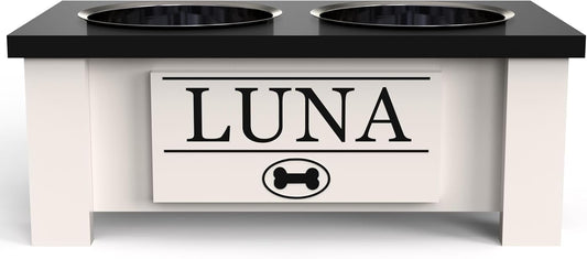 GrooveThis Woodshop - Personalized Elevated Dog Bowl Stand for Large, Medium, Small, X-Small Dogs - Stainless Steel Food and Water Bowls - Raised Dog Dish with Internal Storage (Small, Black)