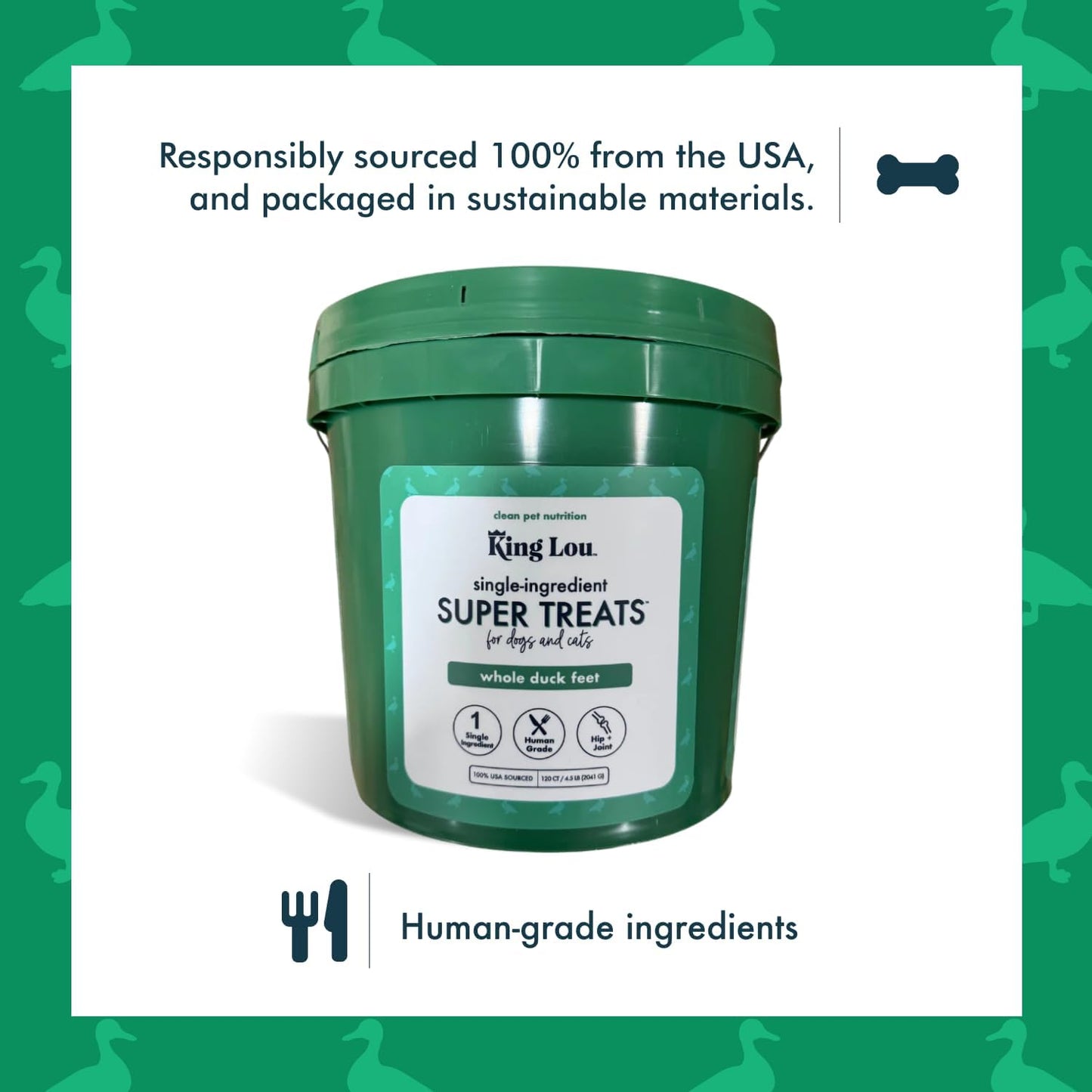 King Lou Duck Feet for Dog and Cat Treats – Dehydrated Single Ingredient Whole Duck Feet – Crunchy Chews for Pets – Protein-Rich Snack – 120 Count