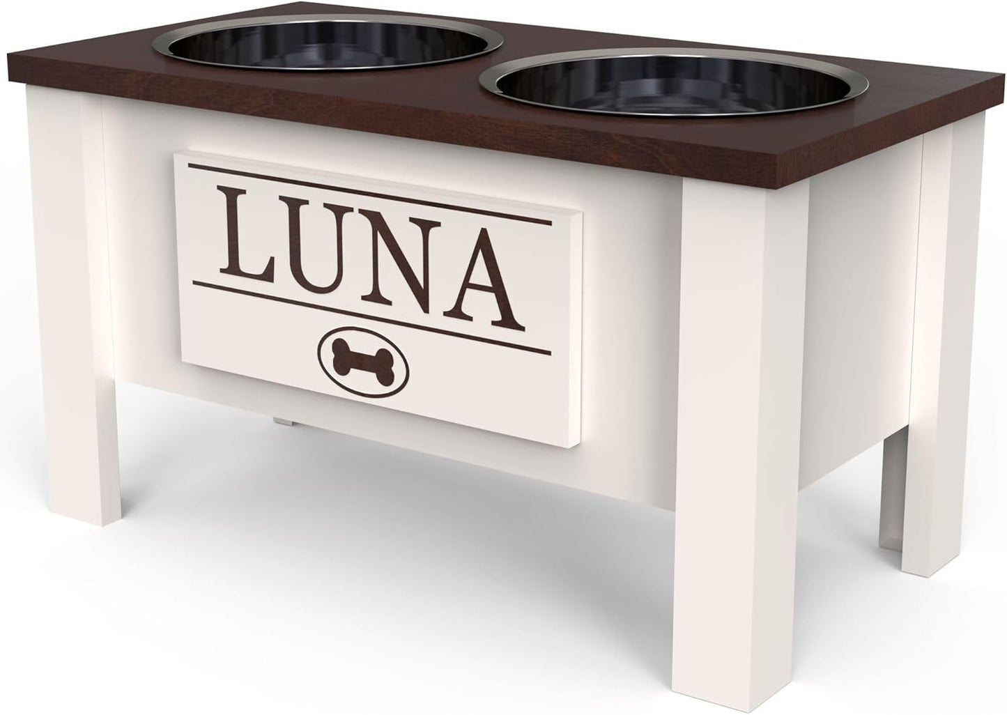 GrooveThis Woodshop - Personalized Elevated Dog Bowl Stand for Large, Medium, Small, X-Small Dogs - Stainless Steel Food and Water Bowls - Raised Dog Dish with Internal Storage (Large, Dark Walnut)