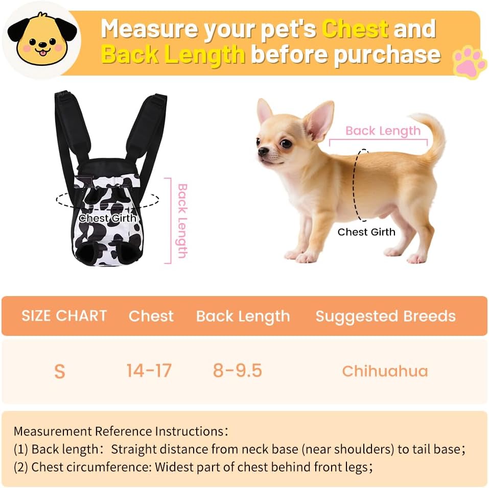 Inspack Dog Backpack Carrier/Cat Carrier, Adjustable Pet Front Carriers Travel Bag for Puppy Medium Dogs, Legs Out, Soft Ventilated Dog Chest Carry Backpacks for Hiking/Camping, 2.5-4 lbs, Cow Print