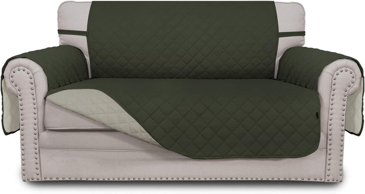 Easy-Going Reversible Loveseat Couch Cover for 2 Cushion Couch Sofa Cover for Dogs Water Resistant Furniture Protector with Foam Sticks Elastic Straps for Pet (Loveseat, Army Green/Beige)