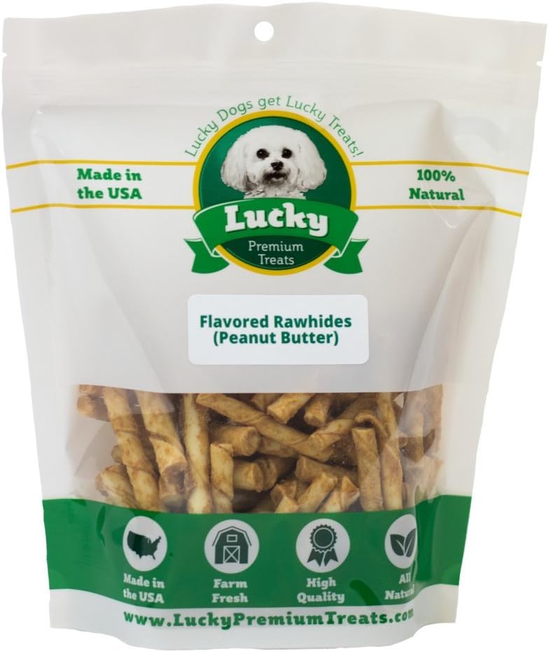 Lucky Premium Treats Peanut Butter Basted Rawhide – All-Natural Rawhide and Peanut Butter Dog Treats for Extra Small Dogs, Gluten Free Premium Toy Breed Dog Treats (50 Chews)