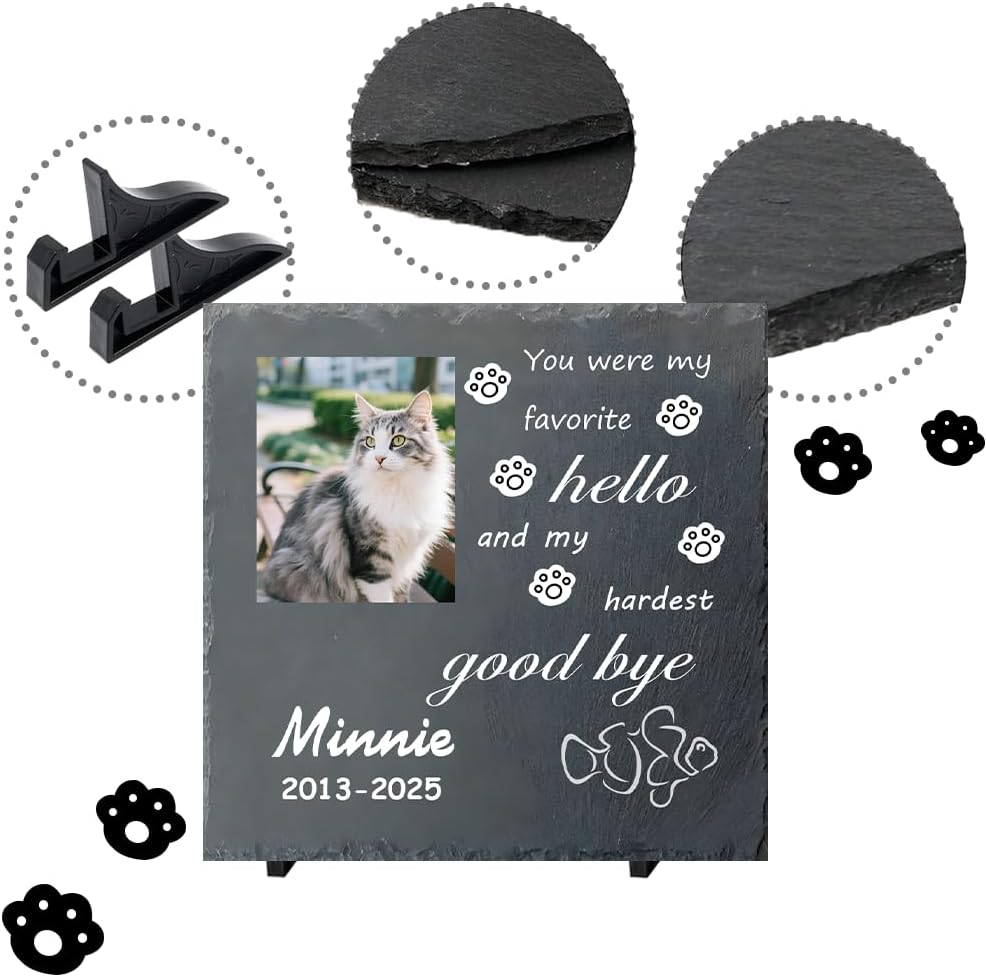 Custom Pet Memorial Stone - Personalized Cat Grave Marker with Name & Photo - Sympathy Gifts for Loss of Beloved Pet - Cemetery Decor - Rainbow Bridge Memorial for Cats (Style K)