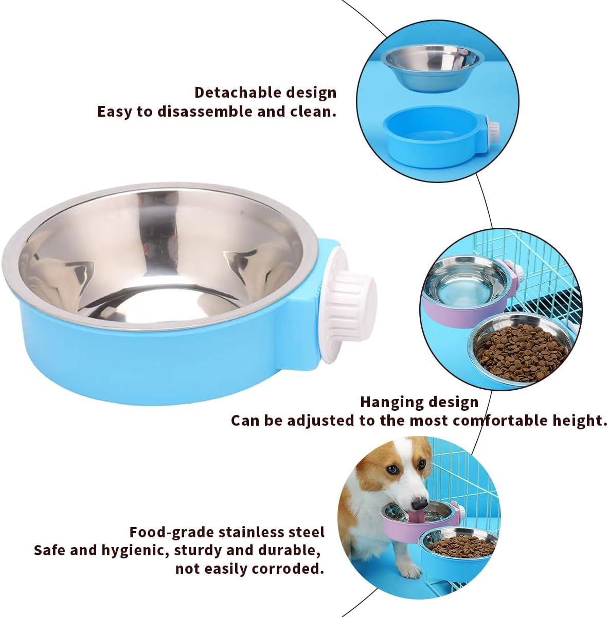 2Pcs Pets Lightweight Stainless Steel Bowl,Removable Stainless Steel Pet Hanging Food Water Feeder Bowl Cage Coop Cup for Puppy Medium Dog Cat Rabbit Ferret Bird Gunea Pigs (Blue, M)