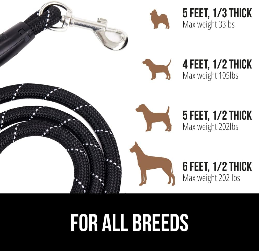 GORILLA GRIP Dog Leash, Heavy Duty Reflective Rope Leashes for Large, Medium, Small Breed Dogs, Puppy Training Essential for Walks, Hikes, Soft Handle, Rotating Metal Clip, Waste Bag Dispenser, Black