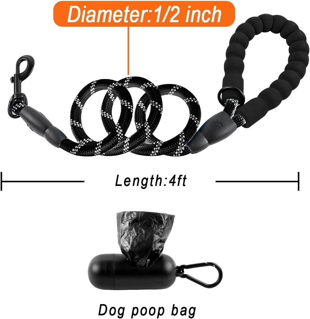 BARKBAY Dog Leashes for Large Dogs Heavy Duty Dog Leash 4/5/6 FT with Comfortable Padded Handle and Highly Reflective Threads for Medium Large Dogs Walking Training Running (4FT-1/2'',Black)
