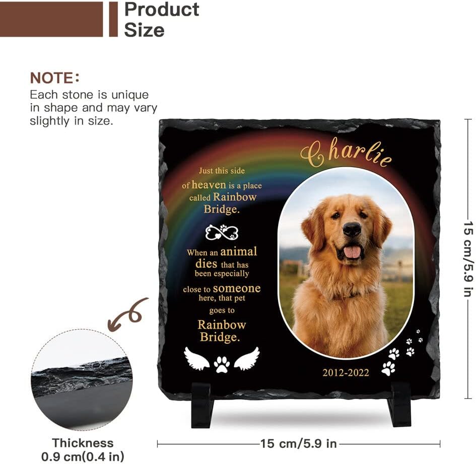 Bemaystar Personalised Dog Memorial Gifts - Pet Memorial Stone, Customized Rock Slate Stone Picture Frame Plaque with Photo, Cemetery Decorations for Grave, Pets Bereavement Gifts Loss of Pet