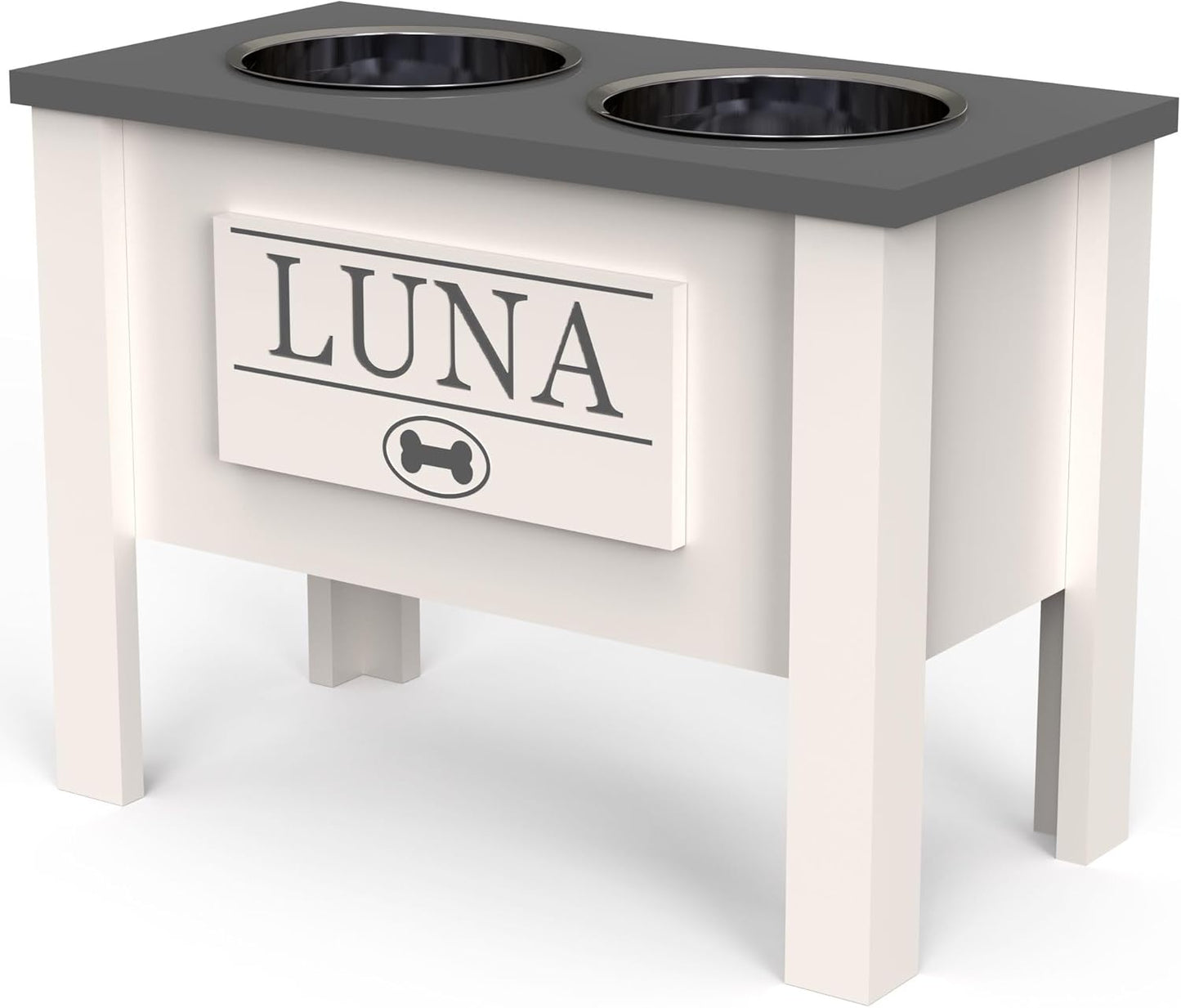 GrooveThis Woodshop - Personalized Elevated Dog Bowl Stand for Large, Medium, Small, X-Small Dogs - Stainless Steel Food and Water Bowls - Raised Dog Dish (X-Large, Grey)