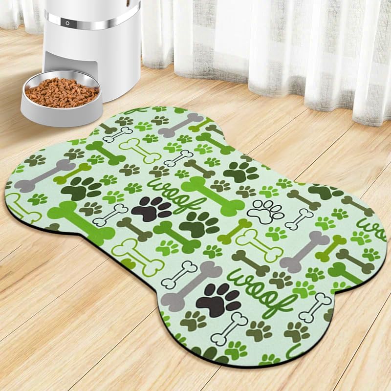 Dog Food Mats for Floors Waterproof, Pet Feeding Absorbent Water Bowl Mat Cat Placemats Green Bone Shape 19 * 12 inch