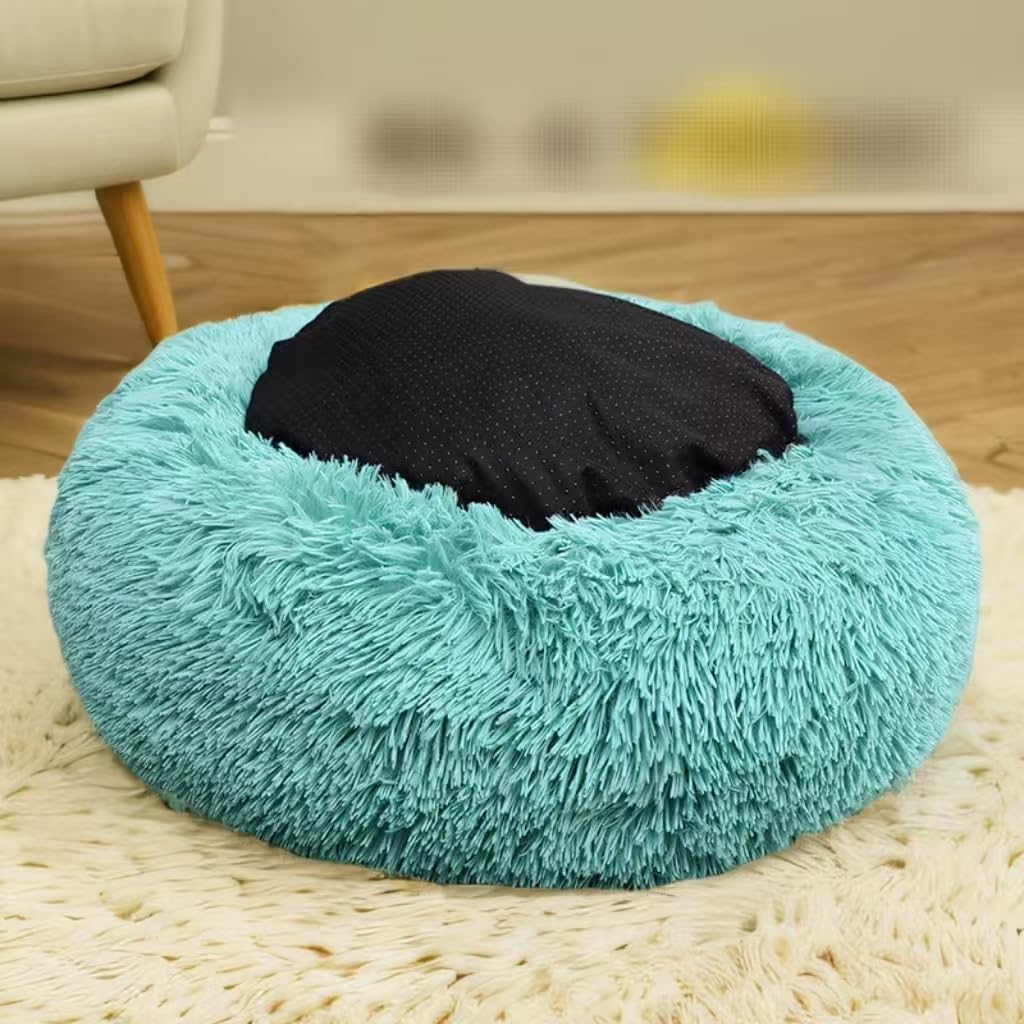Cat Beds for Indoor Cats - Cat Bed Washable 20/24 inches, Dog Beds for Small Medium Dogs, Anti Anxiety Round Fluffy Plush Faux Fur Pet Bed, Thick Bottom (Blue, Large 24" L x 24" W)