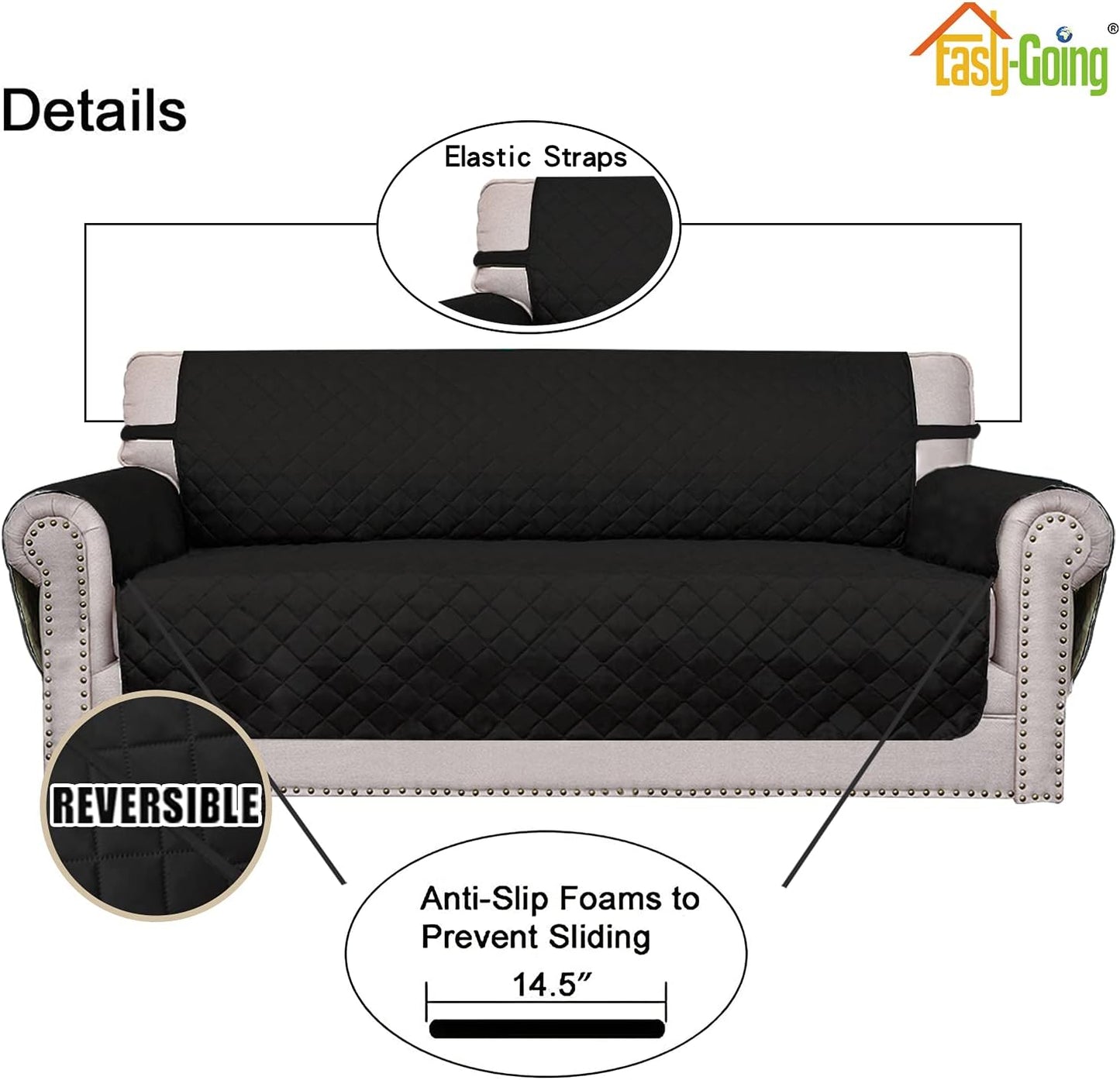 Easy-Going Reversible Loveseat Couch Cover for 2 Cushion Couch Sofa Cover for Dogs Water Resistant Furniture Protector with Foam Sticks Elastic Straps for Pet (Loveseat, Black/Black)