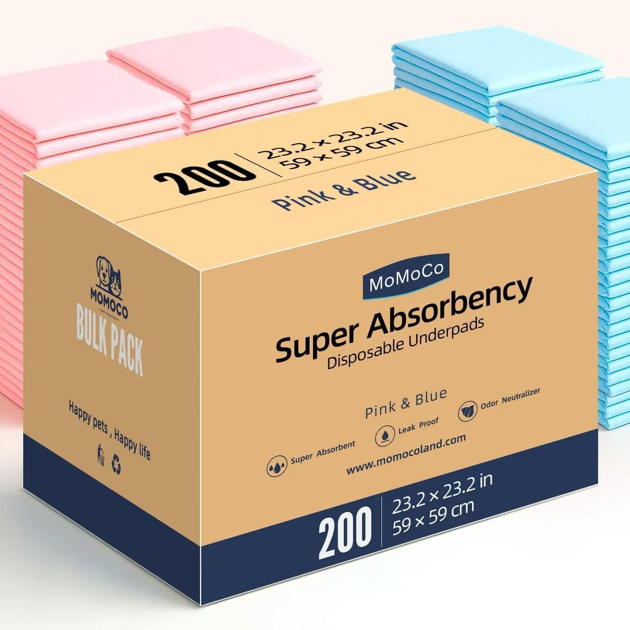 MoMoCo Value Pack Puppy Training Pads 23"x23", 200 Count (Blue100 + Pink100) – Leak-Proof & Super Absorbent Potty Pads for Dogs, Cats & Rabbits